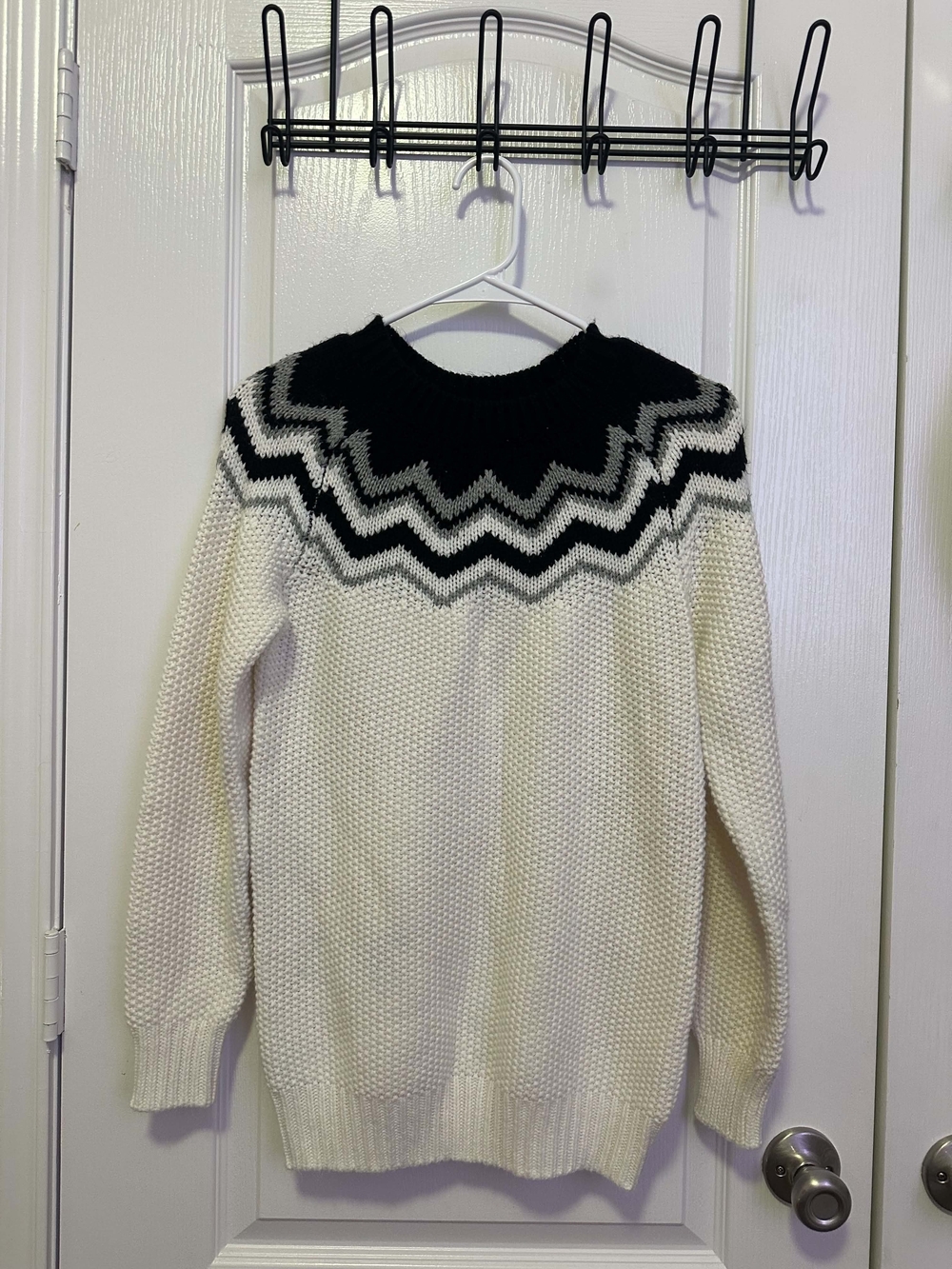 Women's Cream Knit Sweater with Black Fair Isle Yoke